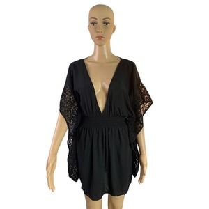 Victoria's Secret Boho Top Black Crochet Trim Plunging Neck Backless Size Large